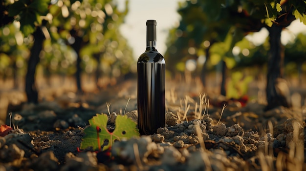 bottle of red wine in the vineyards in the sun