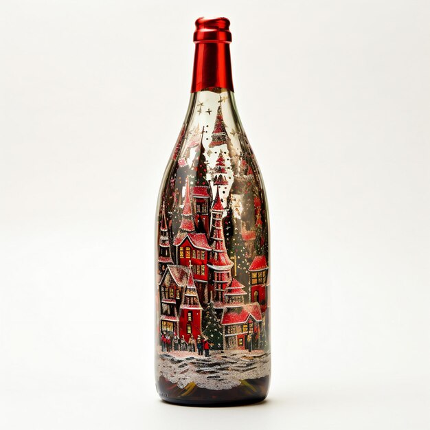 Bottle of red wine with christmas houses on a white background