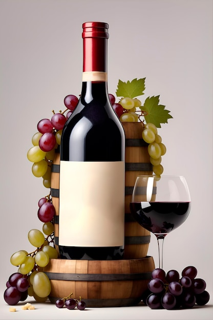 a bottle of red wine with grapes and cheese around it on top of a barrel with a white background