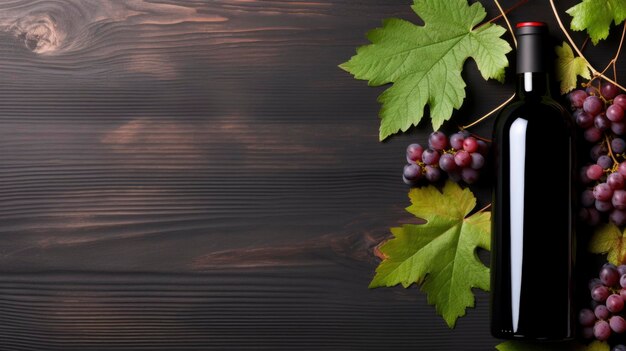 Bottle of red wine with ripe grapes and vine leaves on white background Copy space