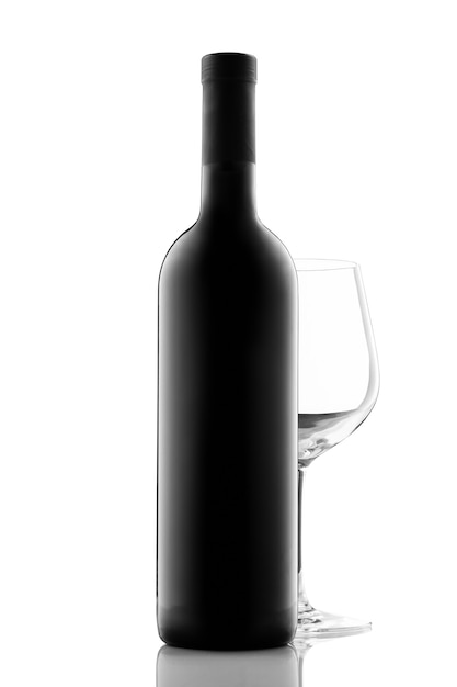 Bottle of red wine without label and glass isolated on white background