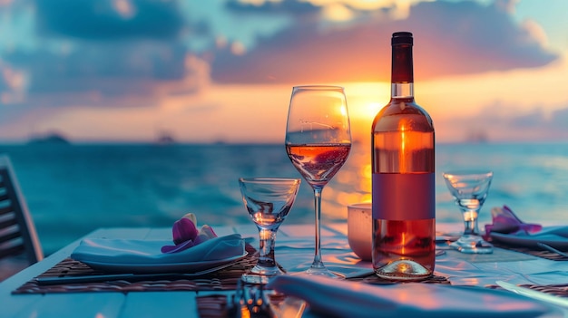 bottle of ros wine on a table set for a romantic dinner with a beautiful sunset over the ocean in