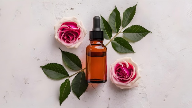 A bottle of rose oil rose water with a pink cap and roses on the table