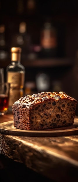 A bottle of rum sits on a wooden table next to a loaf of fruity bread.