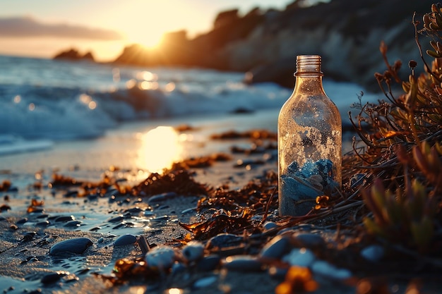 Photo a bottle of sea shells sits on a beach with the sun setting behind them