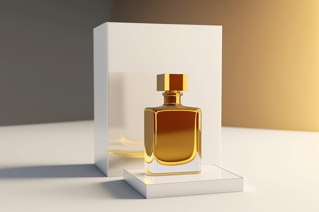 Bottle of sensual luxury golden perfume on white podium minimalistic style perfume fragrance template Cosmetics and beauty sphere concept Generative AI