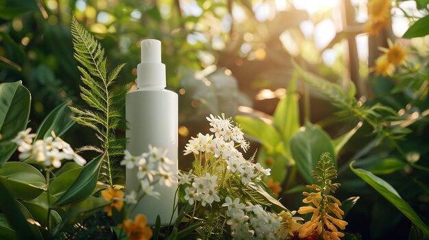 Photo a bottle of shampoo on a bush with flowers and greenery