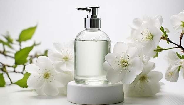 Bottle of Shampoo and Flowers on White Background