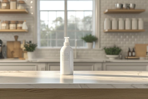 a bottle of shampoo sits on a table in front of a window