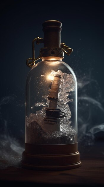 A bottle of ship in a glass jar with smoke around it.