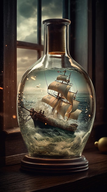 A bottle of ship in the sea