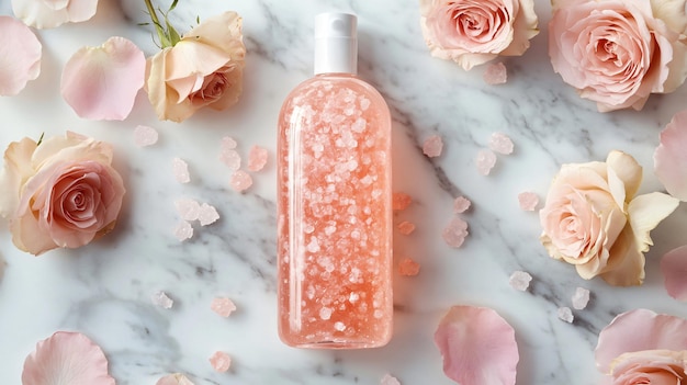 Bottle of Shower Gel with Roses and Salt on Marble Table