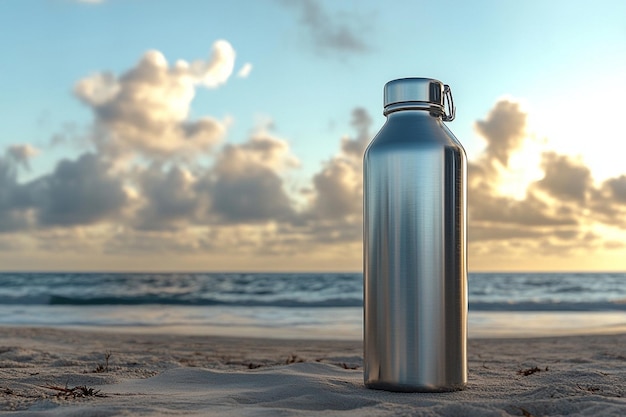 a bottle of silver water sits on the beach with the sun setting behind it