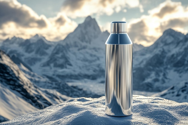 a bottle of silver water sits on a snowy surface