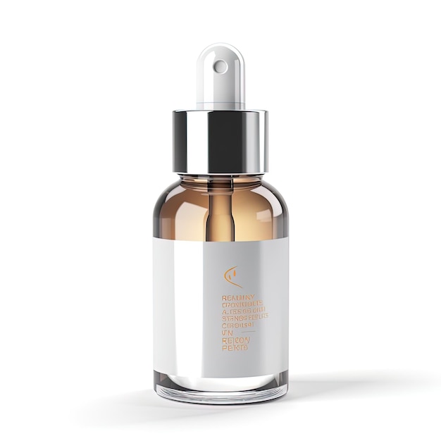 A bottle of skincare product with a silver cap.