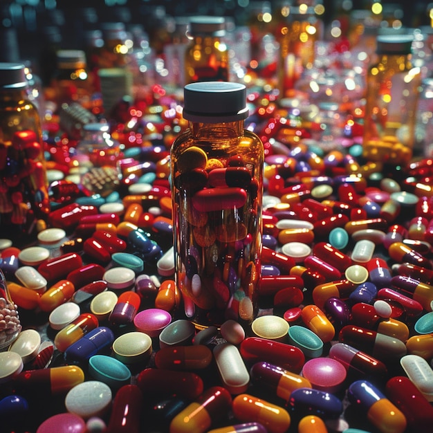 Photo a bottle of skull is surrounded by colorful pills