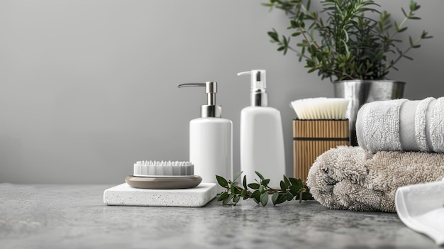 Photo a bottle of soap next to a brush and a basket of toiletries