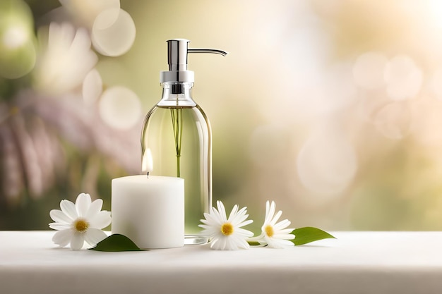 A bottle of soap next to a candle with daisies on the side