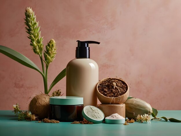 a bottle of soap sits on a table with a plant in the background