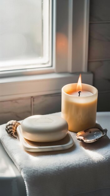 A bottle of soap with a candle next to it