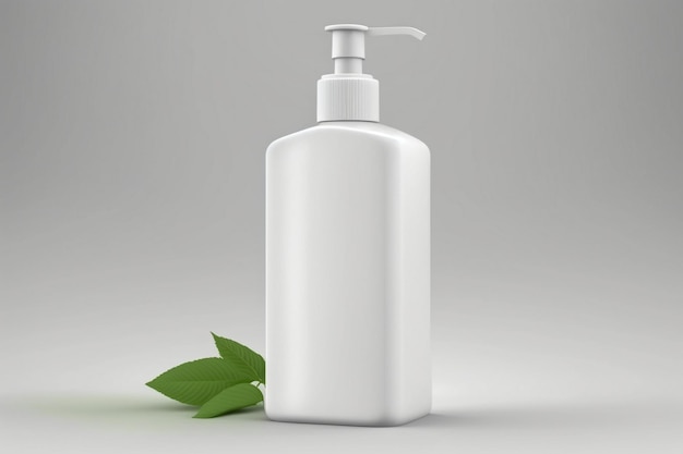 A bottle of soap with green leaves next to it.