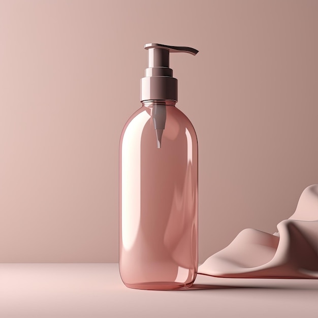 A bottle of soap with a pink cloth behind it.