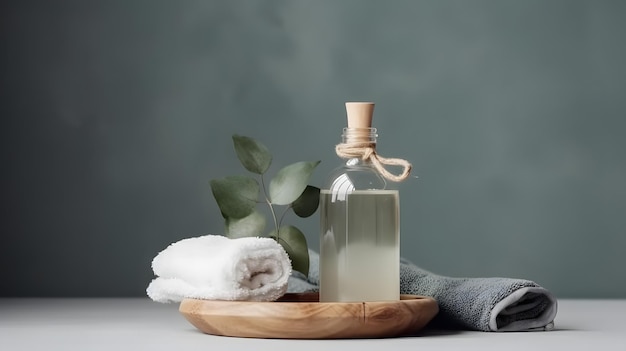 A bottle of soap with a wooden lid sits on a wooden tray next to a towel.