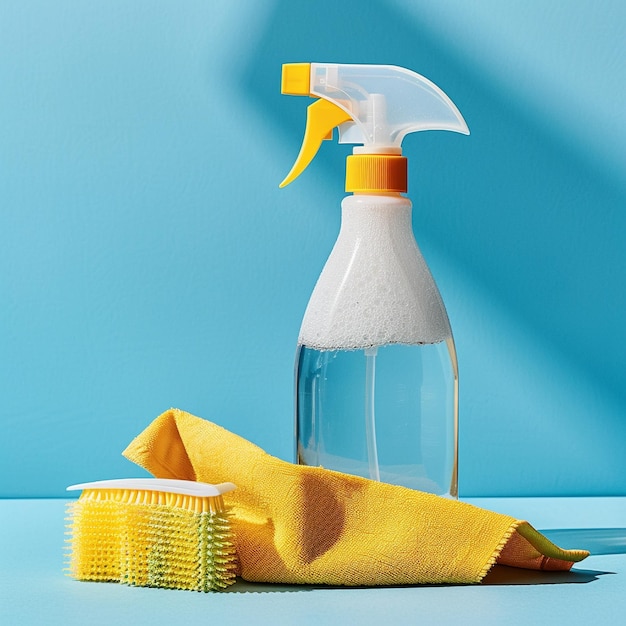 a bottle of soap next to a yellow towel