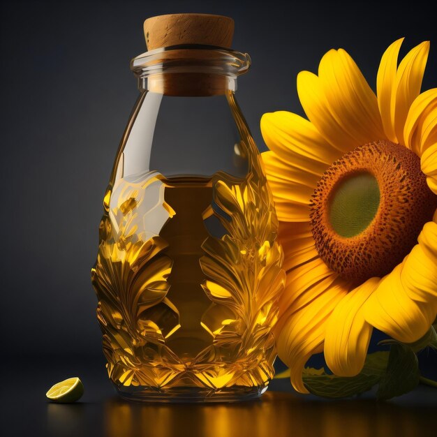 A bottle of sunflower oil next to a sunflower.