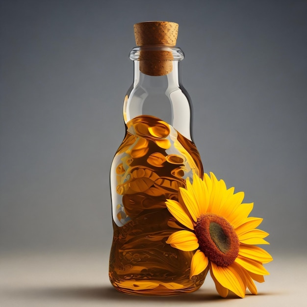 A bottle of sunflowers and a yellow sunflower with a cork cap.