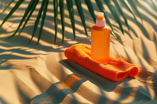 Photo a bottle of sunscreen sits on a towel on the beach