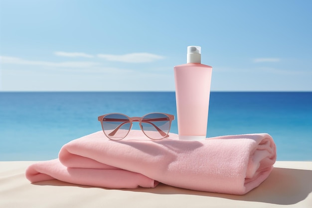 A bottle of sunscreen sits on a towel next to a pair of sunglasses