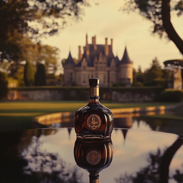 Photo bottle on table with a majestic castle background