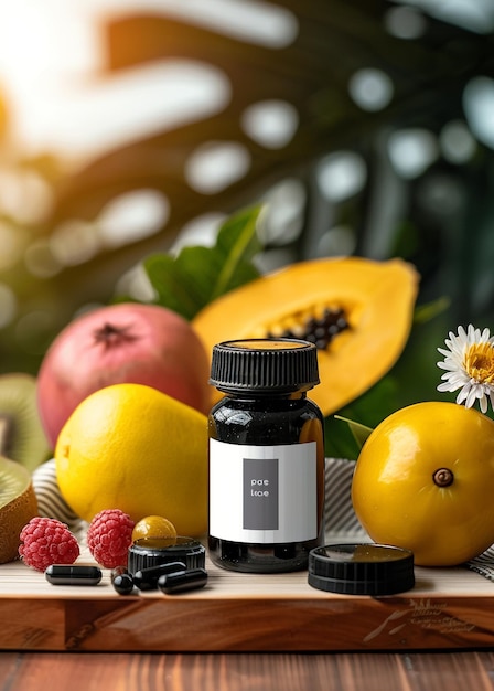 Photo a bottle of vitamins sits next to a bunch of fruit