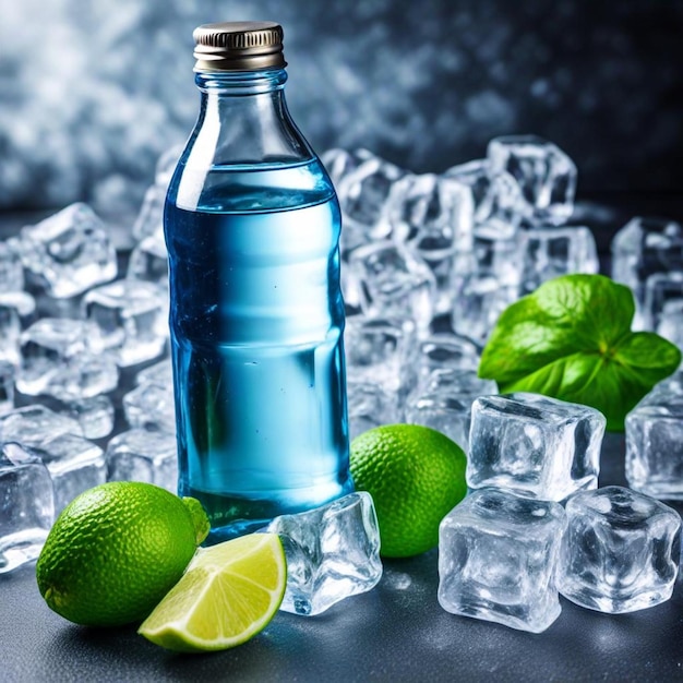 a bottle of vodka with limes and lime wedges on a table