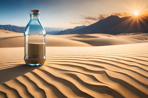 A bottle of water in the desert with a mountain in the background