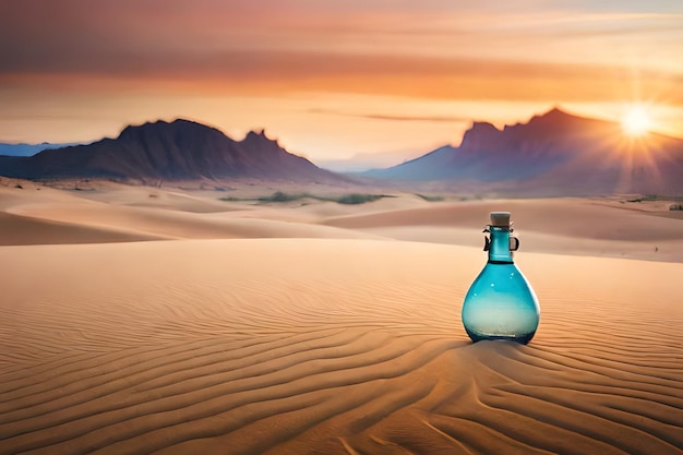 A bottle of water in the desert with mountains in the background