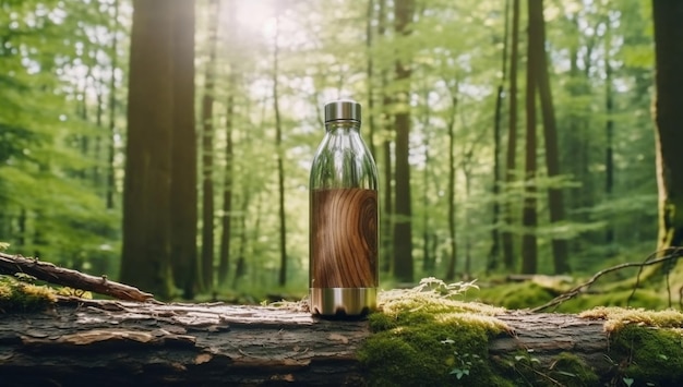 A bottle of water in a forest with the word forest on it