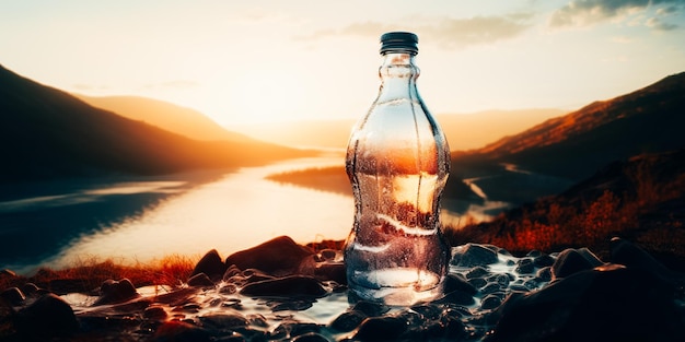 A bottle of water is on a blanket with a sunset in the background.