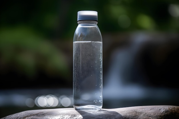 A bottle of water is sitting on a log with a waterfall in the background.