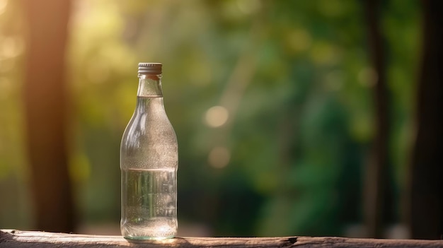 Bottle water made to plastic on the wood and tree bokeh background with Generative AI Technology