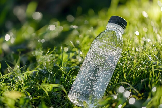 Photo a bottle of water sits in the grass with the words quot water quot on the top