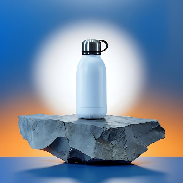 Photo a bottle of water sits on a rock with an orange and blue sky behind it