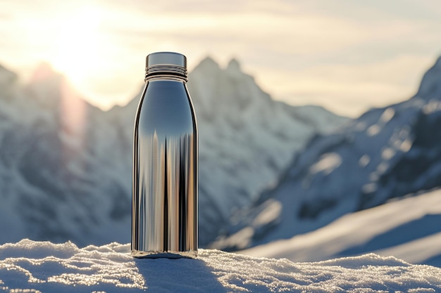 Photo a bottle of water sits in the snow with the sun behind it