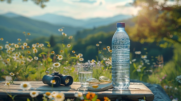 a bottle of water sits on a table with a bottle of water and a bottle of water