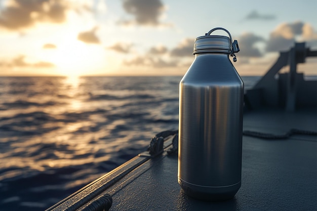 Photo a bottle of water that says quot thermos quot on the side of the boat