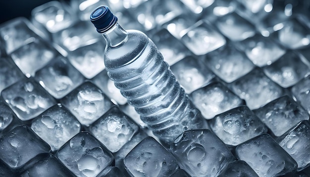 a bottle of water with a blue cap sits on a ice cube