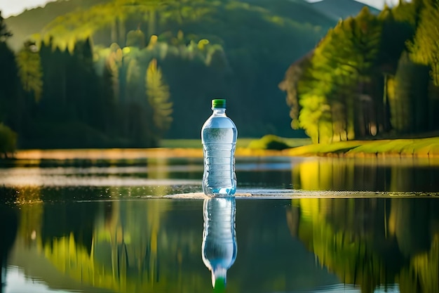 A bottle of water with a green cap sits on a lake in the forest.