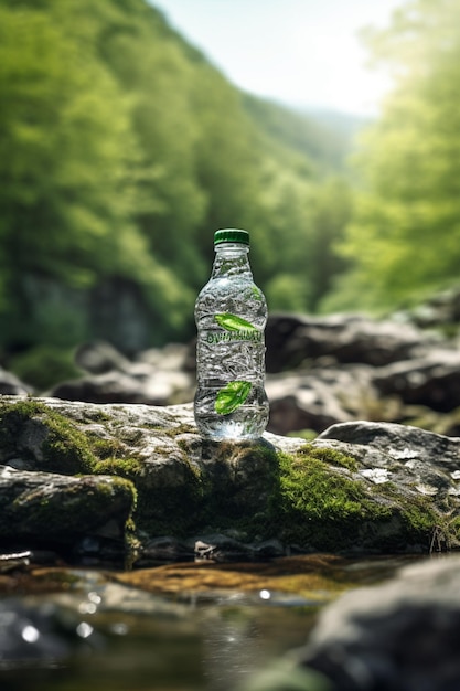 A bottle of water with a green leaf on it