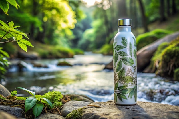 Photo a bottle of water with a leaf design on it